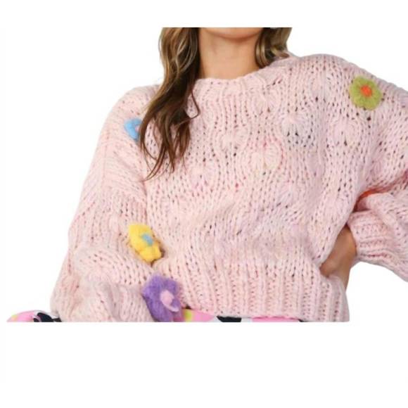 NEW BEULAHSTYLE cropped crochet sweater with 3d flowers in pink